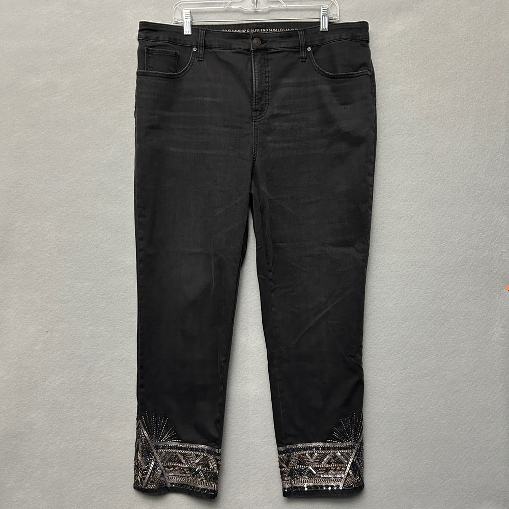 Chico's Womens 16R So Slimming Girlfriend Jeans Black Sequin Beaded Hem
